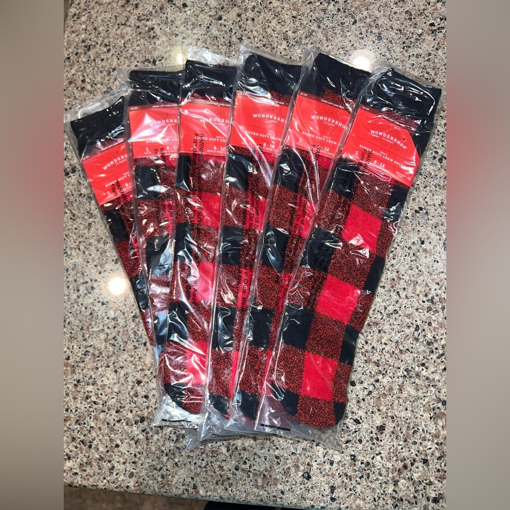 Set of 6- Red and Black Plaid Socks